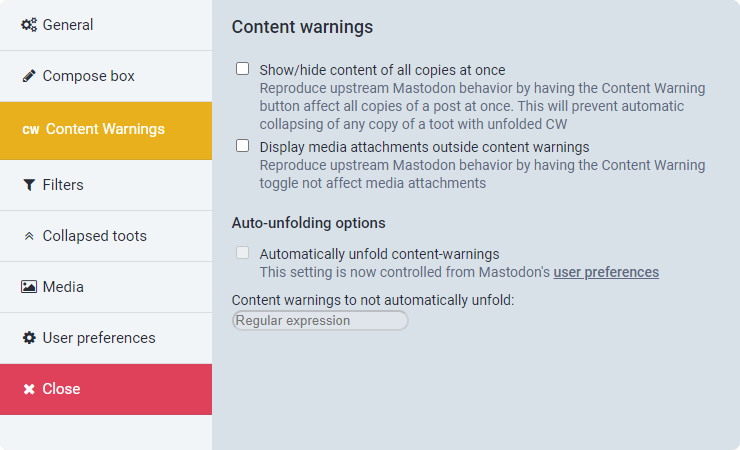 Content Warnings settings